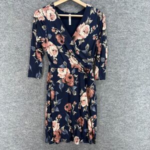 Gilli Dress Women M Medium Blue Floral Sheath Midi V-Neck Long Sleeve Casual